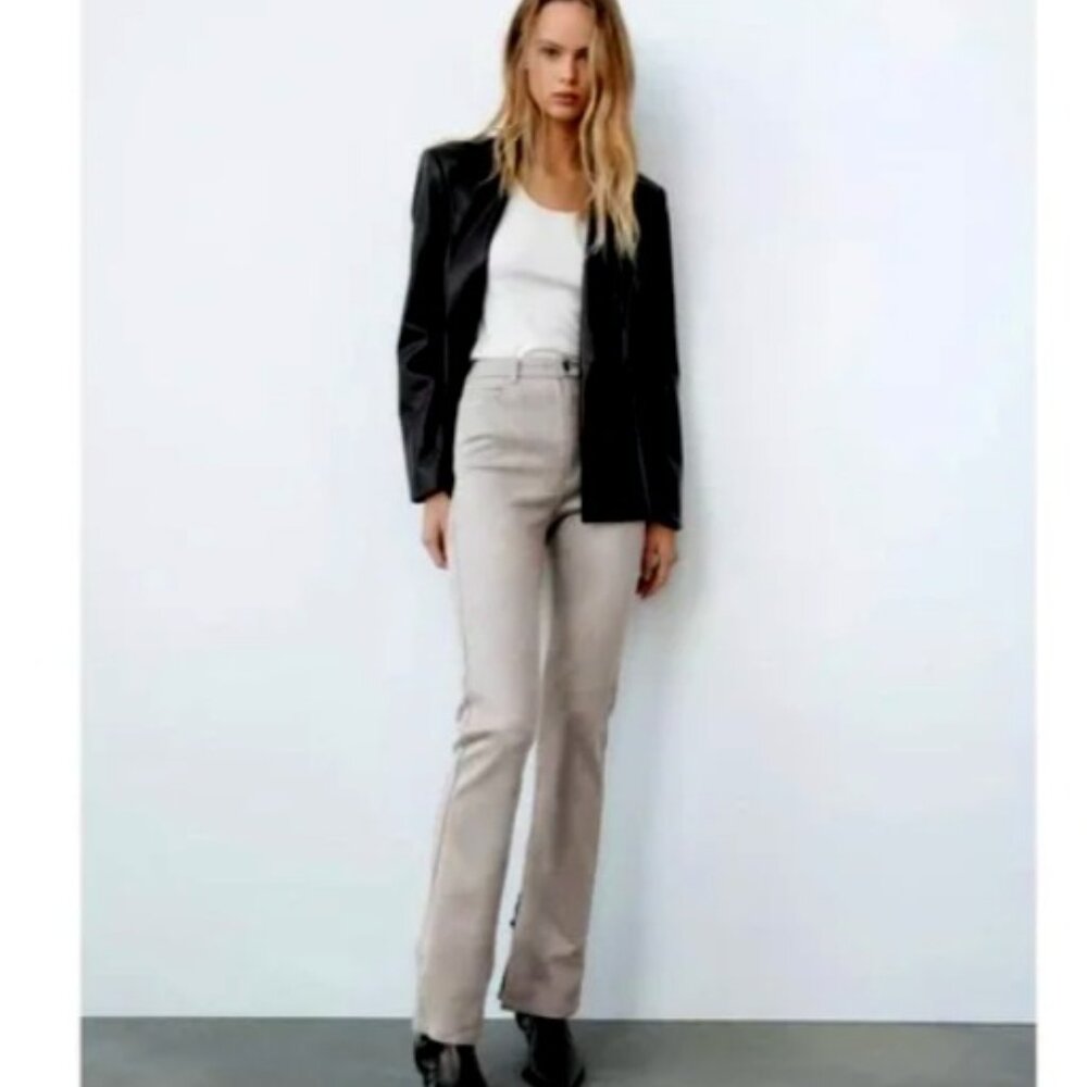 ZARA Slim Flare Gray Faux Suede High Rise Split Hem Pants Size 14